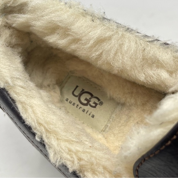 UGG Ascot Slippers Mens 8 Brown Leather Sheepskin Slip On Fur Lined Moccasion - Picture 11 of 15